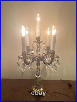 Vintage Electric Brass Table Candelabra Glass Crystal Prisms Table Lamp Antique