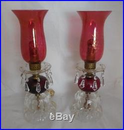 Vintage Etched Glass Boudoir Cranberry Electric Table Lamps Hurricane Chimney