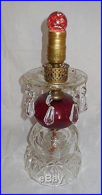 Vintage Etched Glass Boudoir Cranberry Electric Table Lamps Hurricane Chimney
