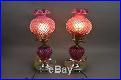 Vintage Fenton Cranberry Opalescent Hobnail Table Lamps Carnival Glass Parlor