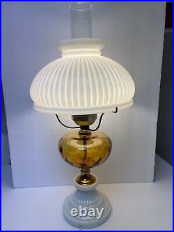 Vintage Fenton Glass Amber Electric Table Desk Lamp Glass Ribbed Base & Shade