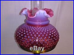 Vintage Fenton Glass, Cranberry Opalescent Hobnail Student / Table Lamp