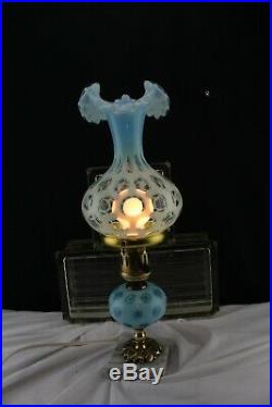 Vintage Fenton Glass Small Table Lamp Coin Spot Blue-Dressing Table-Bedside
