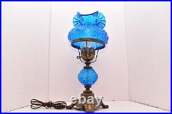 Vintage Fenton Gone With The Wind Hurricane Blue Poppy Table Lamp 21 Ruffled