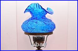 Vintage Fenton Gone With The Wind Hurricane Blue Poppy Table Lamp 21 Ruffled