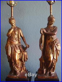 Vintage Figural Table Lamps Muse Brass Greek Roman Goddess Neo Classical Column
