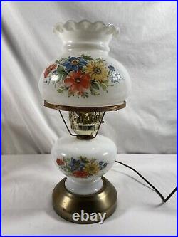 Vintage Floral Roses Globe Hurricane Table Lamp Milk Glass