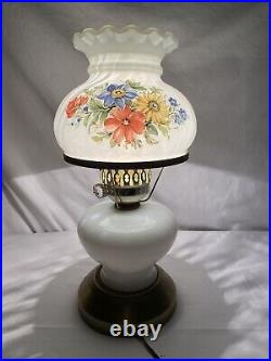 Vintage Floral Roses Globe Hurricane Table Lamp Milk Glass