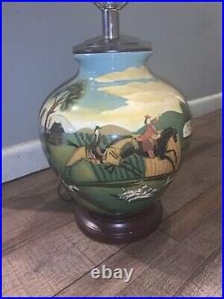 Vintage Fox Hunt Scene Lamp horses Ceramic Wood Base