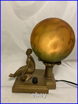 Vintage Frankart Nymph Naked Lady Sitting Globe Antique Table Lamp OS