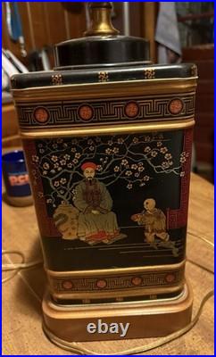 Vintage Frederick Cooper Chinoiserie Asian Square Tea Tin Canister Table Lamp