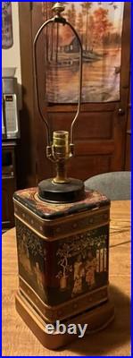 Vintage Frederick Cooper Chinoiserie Asian Square Tea Tin Canister Table Lamp