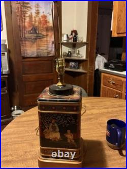 Vintage Frederick Cooper Chinoiserie Asian Square Tea Tin Canister Table Lamp