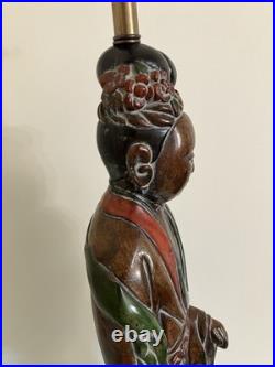 Vintage Frederick Cooper Quan Yin Table Lamp Asian Figural Faux Wood Chalkware