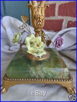 Vintage French Boudoir Porcelain Floral Roses Gold Gilt Green Onyx Table Lamp