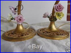 Vintage French Boudoir Porcelain Floral Roses Gold Gilt Table Lamp Set