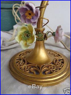 Vintage French Boudoir Porcelain Floral Roses Gold Gilt Table Lamp Set