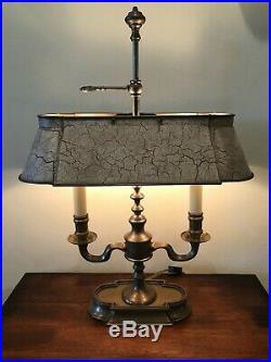 Vintage French Bouillotte 2-Light Off-White/ Brown Tole Brass Table / Desk Lamp