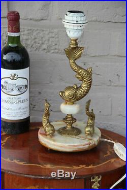Vintage French Brass onyx marble dolphins Table lamp