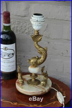 Vintage French Brass onyx marble dolphins Table lamp