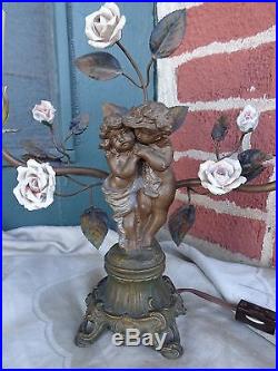 Vintage French Bronze Gilt Boudoir Porcelain Floral Roses Cherub Table Lamp