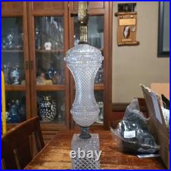 Vintage French Diamond Point Clear Glass and Brass Table Lamp