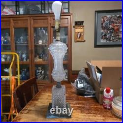 Vintage French Diamond Point Clear Glass and Brass Table Lamp