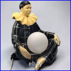 Vintage French Pierrot Clown Table Lamp Wooden Sculpture Globe Light c. 1970s