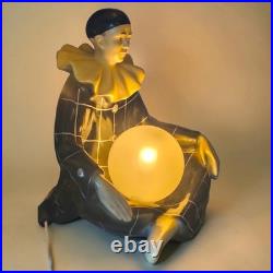 Vintage French Pierrot Clown Table Lamp Wooden Sculpture Globe Light c. 1970s