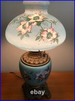 Vintage GWTW Electric Hand Painted Flowers Harbor Blue Glass Shade Table Lamp