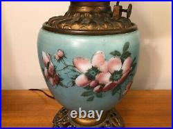 Vintage GWTW Electric Hand Painted Flowers Harbor Blue Glass Shade Table Lamp