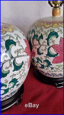 Vintage Ginger Jar Table Lamps Famille Rose Chinese Porcelain Pair Floral Cooper