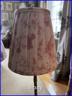 Vintage Gold Bamboo Lamps with Pleated Lamp Shades In Pink Bird Floral Set of 2