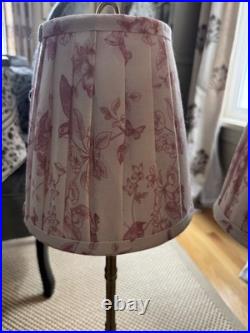 Vintage Gold Bamboo Lamps with Pleated Lamp Shades In Pink Bird Floral Set of 2
