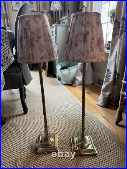 Vintage Gold Bamboo Lamps with Pleated Lamp Shades In Pink Bird Floral Set of 2 Vintage Gold Bamboo Lamps with Pleated Lamp Shades In Pink Bird Floral Set of 2