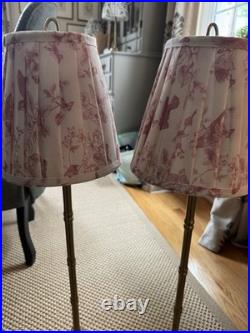 Vintage Gold Bamboo Lamps with Pleated Lamp Shades In Pink Bird Floral Set of 2