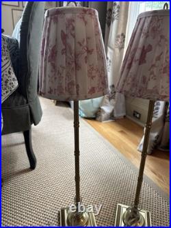Vintage Gold Bamboo Lamps with Pleated Lamp Shades In Pink Bird Floral Set of 2
