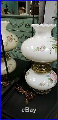 Vintage Gone With The Wind Hurricane Lamp Hand Painted Flowers 3 Way Fenton