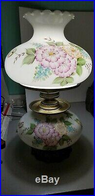 Vintage Gone With The Wind Hurricane Lamp Hand Painted Flowers 3 Way Fenton