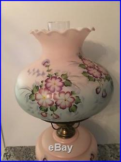 Vintage Gone With The Wind Lamp Floral Pink Green Glass Table Nightstand 3 way