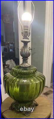 Vintage Green Glass Hollywood Regency Style Mid Century Lamp Works 3 Ways