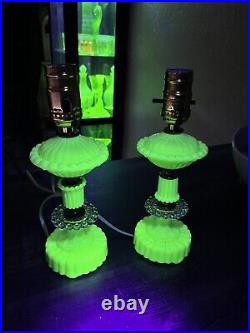Vintage Green Jadite Uranium Custard Glass Bed Table Lamp PAIR RESTORED