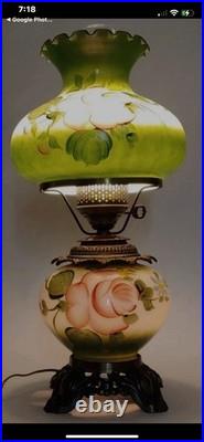 Vintage Gwtw Hurricane Parlor Table Lamp Green W Hand Painted Flowers 3 Way 28