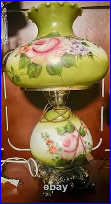Vintage Gwtw Hurricane Parlor Table Lamp Green W Hand Painted Flowers 3 Way 28