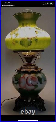 Vintage Gwtw Hurricane Parlor Table Lamp Green W Hand Painted Flowers 3 Way 28
