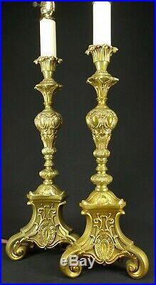 Vintage HOLLYWOOD REGENCY gold lamps set x2 tall candle stick mid century ORNATE