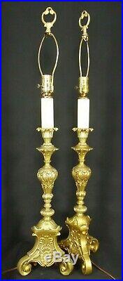 Vintage HOLLYWOOD REGENCY gold lamps set x2 tall candle stick mid century ORNATE