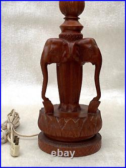 Vintage Hand Carved Wood 3 Elephant Table Lamp Asian Carving Wooden Sculpture