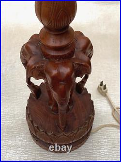Vintage Hand Carved Wood 3 Elephant Table Lamp Asian Carving Wooden Sculpture