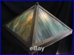 Vintage Hand Crafted Arts and Crafts Library Table Lamp Green Slag Glass Shade